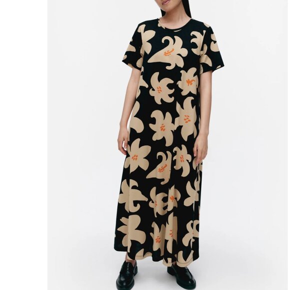 Anthropologie Marimekko Cotton Jersey Black Floral Relaxed Maxi Dress size L - Picture 1 of 8